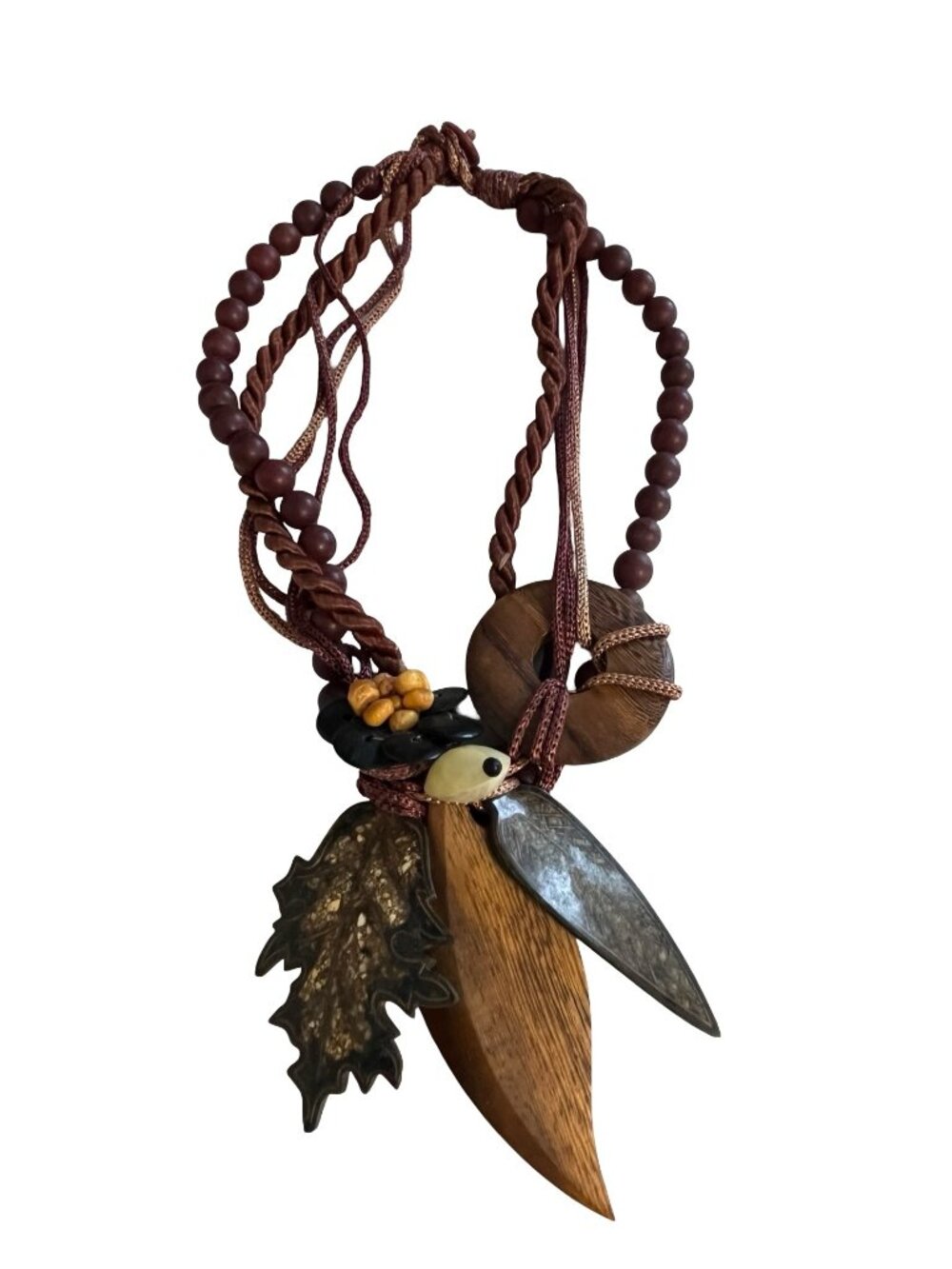 Boho Statement Necklace Wood Stone Leaf Pendant Multi Strand Brown Blue
